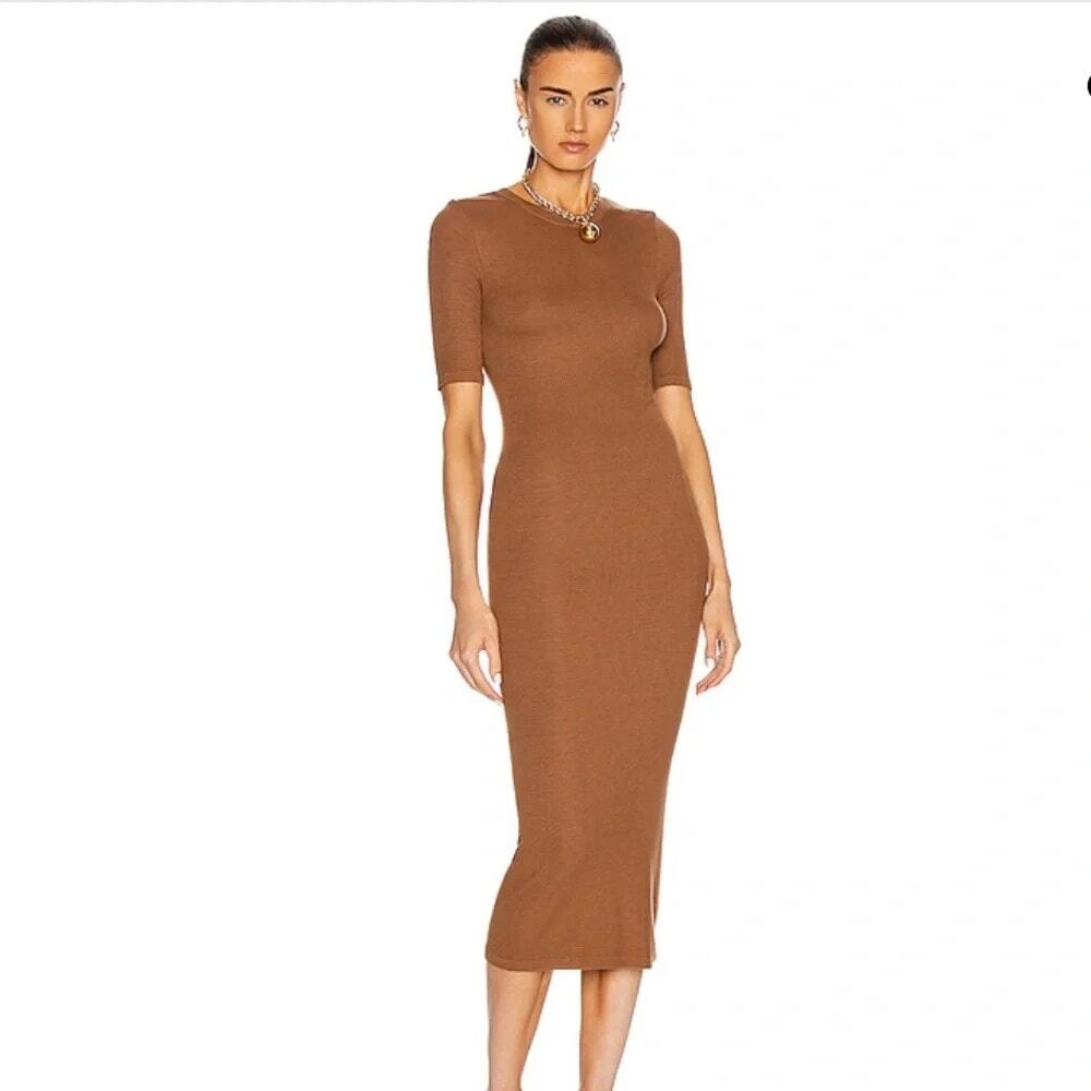 ENZA COSTA Silk Rib Crew Midi Dress COMFY MINIMALIST Tan Half Sleeve Fits S - Picture 1 of 8